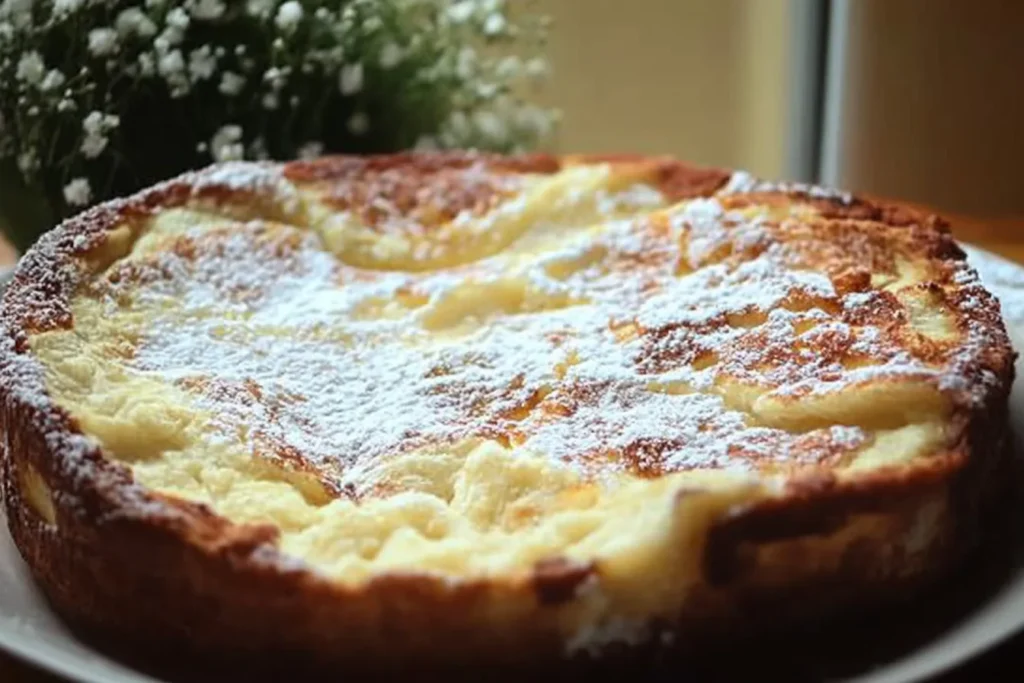 A freshly baked Turkish yogurt cake garnished with powdered sugar and a touch of lemon zest.