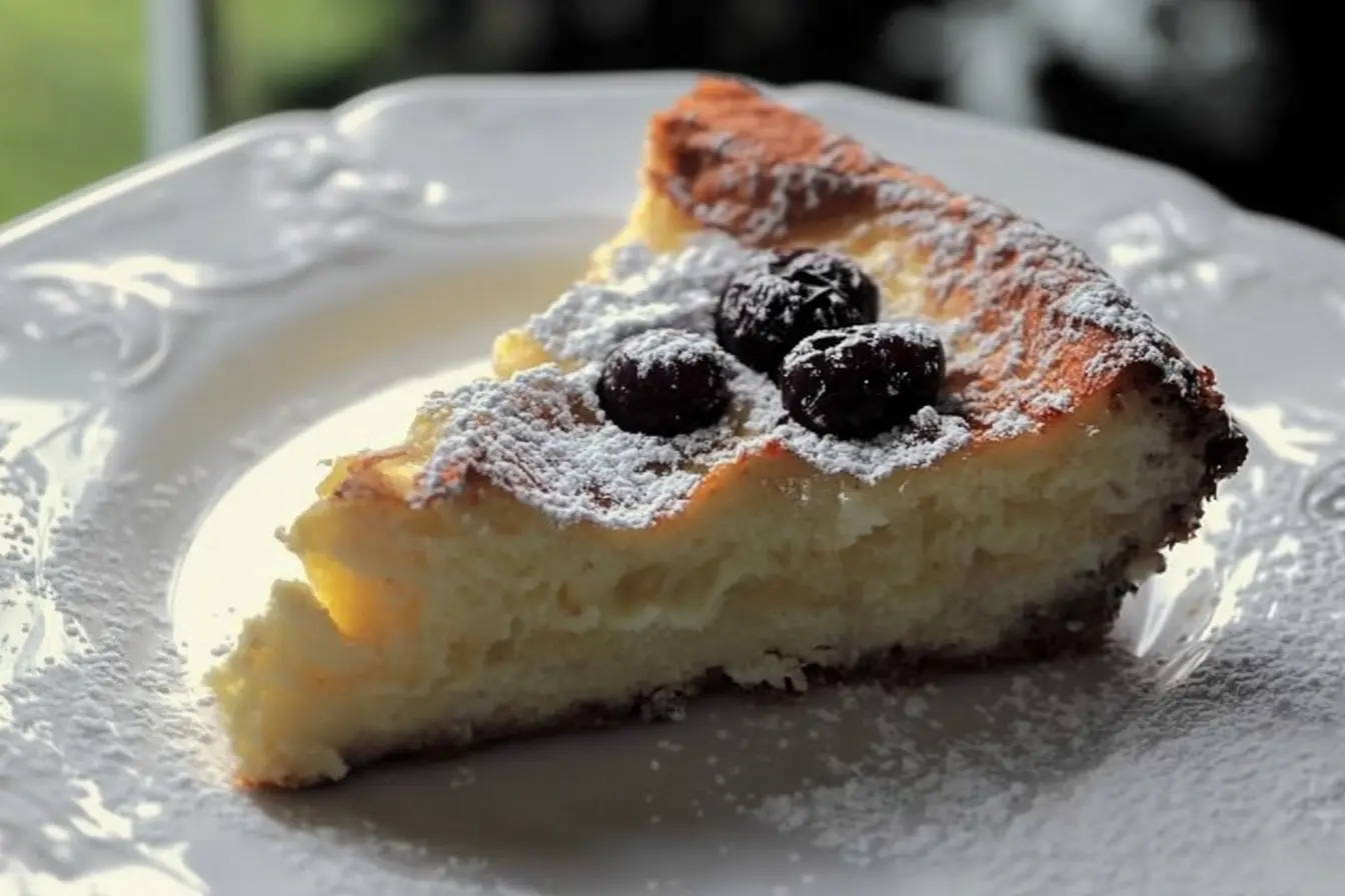 A freshly baked Turkish yogurt cake garnished with powdered sugar and a touch of lemon zest.