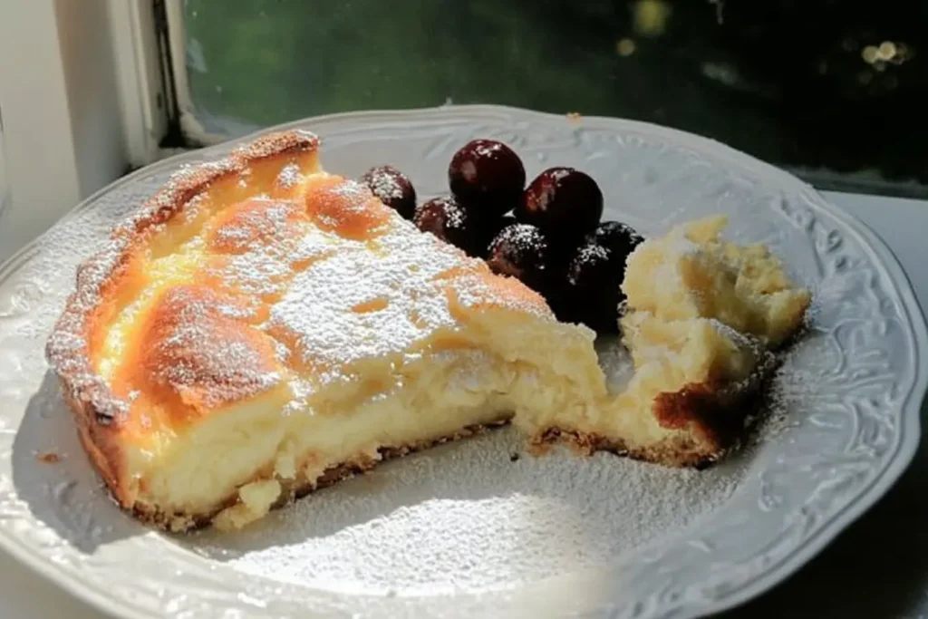 A freshly baked Turkish yogurt cake garnished with powdered sugar and a touch of lemon zest.
