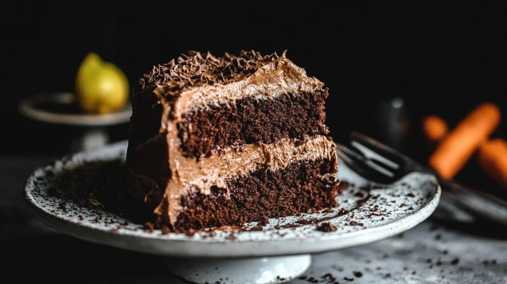Moist chocolate carrot cake slice with cream cheese frosting