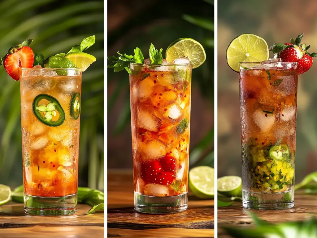 Spicy, Berry, and Skinny Lifesaver Drink variations presented in hurricane glasses.