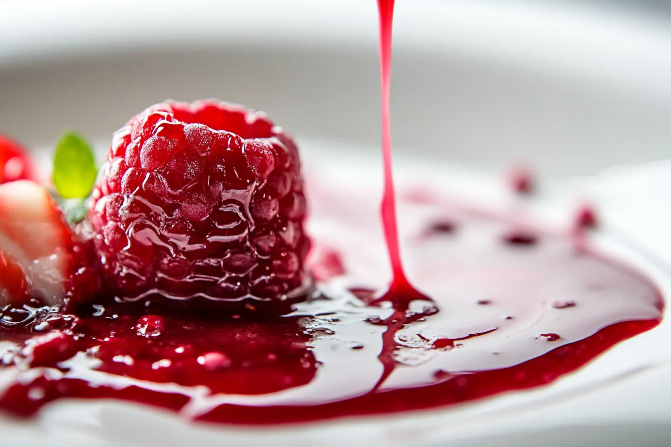 Close-up of berry coulis being drizzled