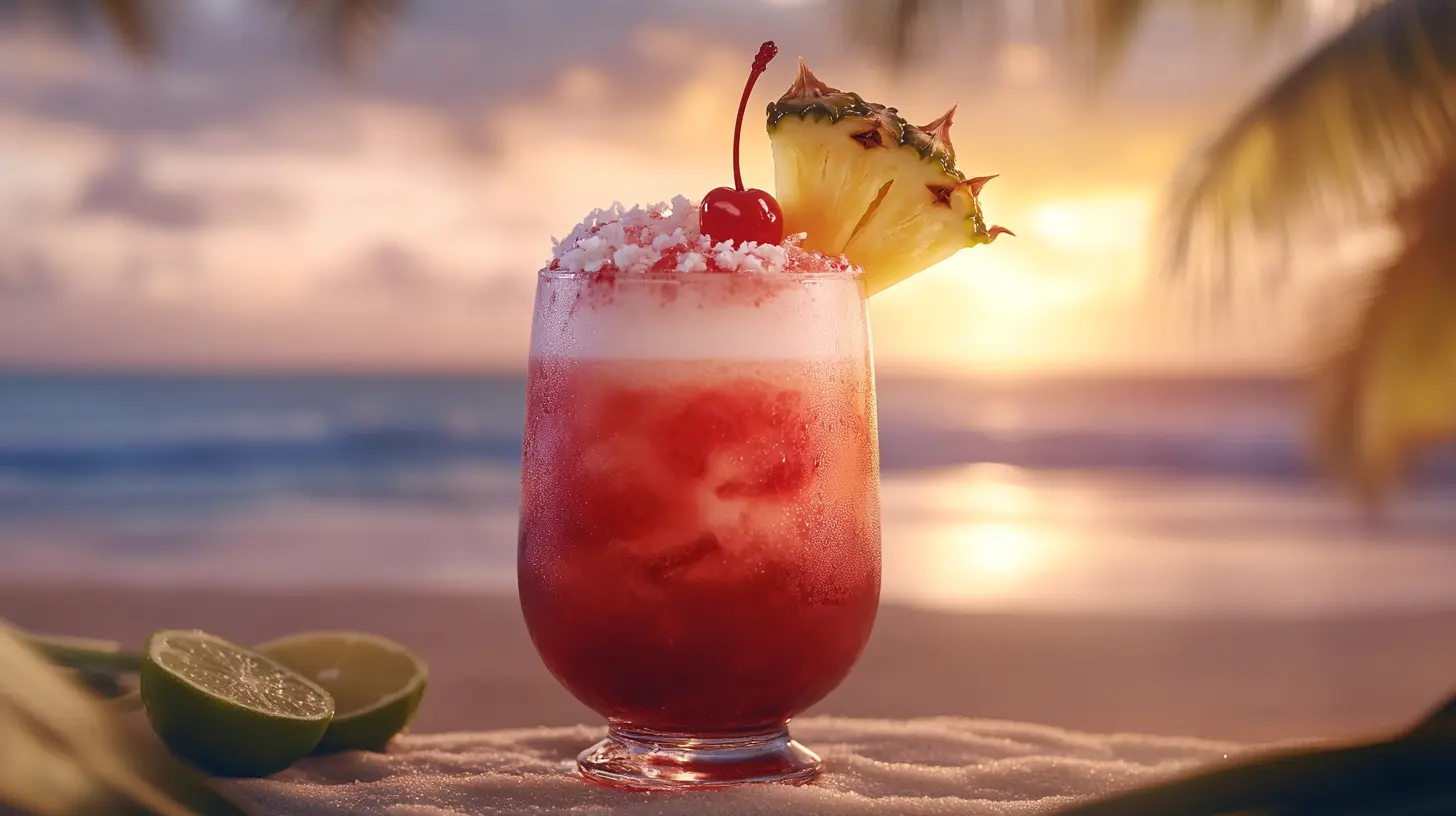 Vibrant Lifesaver Drink in a hurricane glass garnished with pineapple and cherry on a tropical beach background.