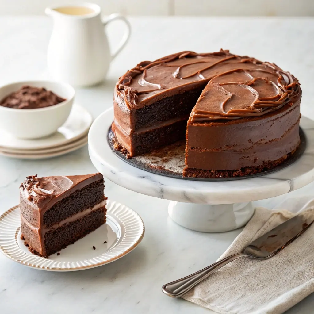 Moist Matilda chocolate cake sliced to reveal its dense, fudgy layers and rich, velvety frosting.