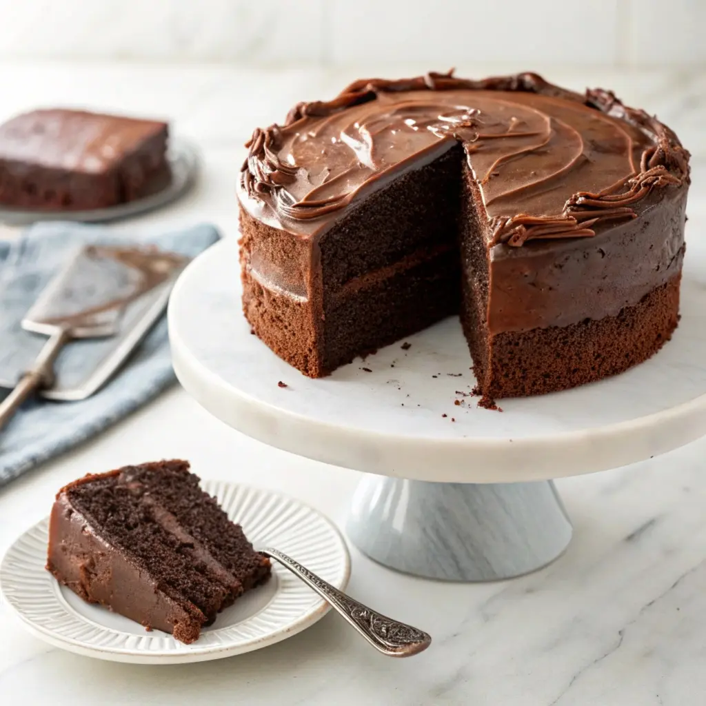 Moist Matilda chocolate cake sliced to reveal its dense, fudgy layers and rich, velvety frosting 1
