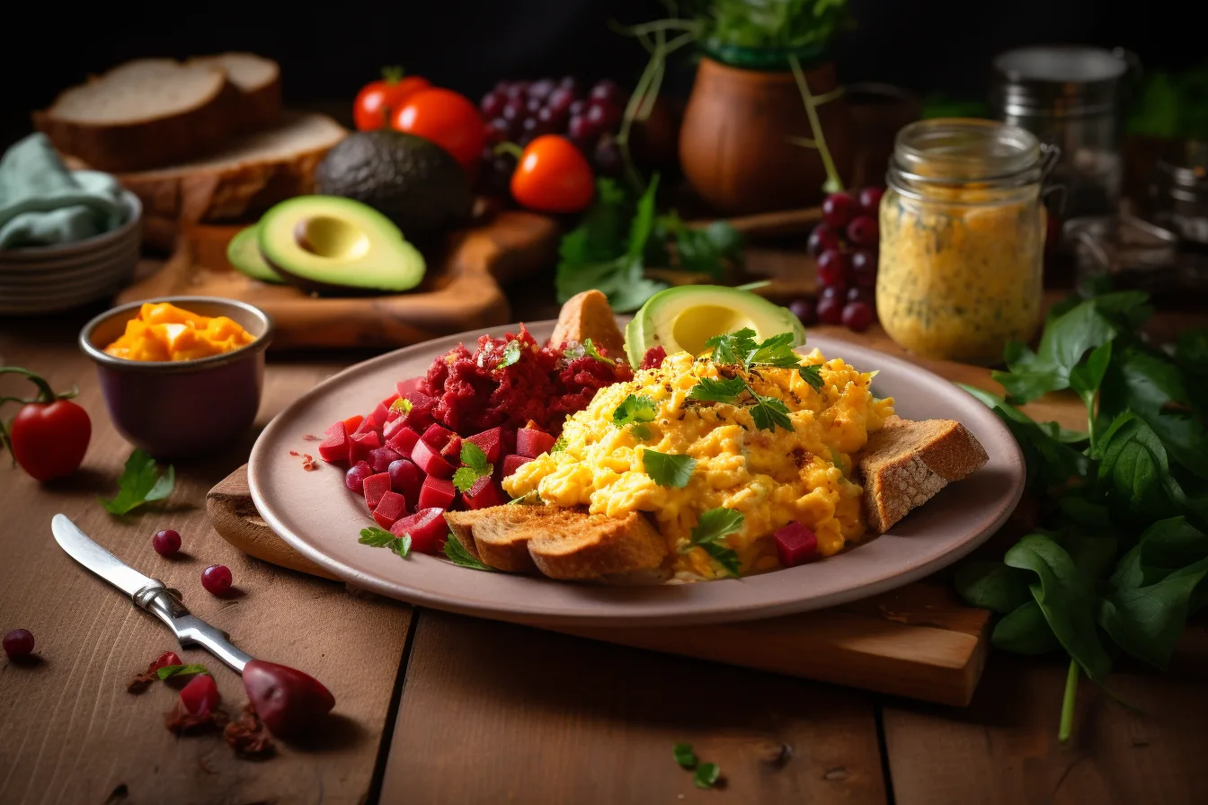 A colorful breakfast plate featuring corned beef scrambled eggs, sliced avocado, cherry tomatoes, red cabbage, fresh cilantro, and toasted bread, served with a glass of juice.