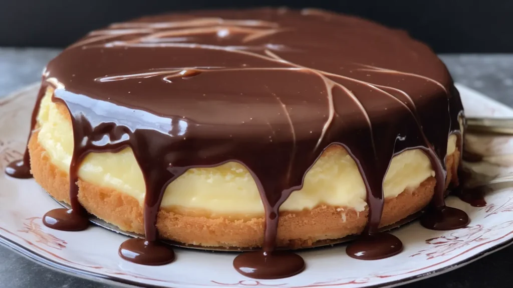 Boston Cream Pie topped with chocolate ganache