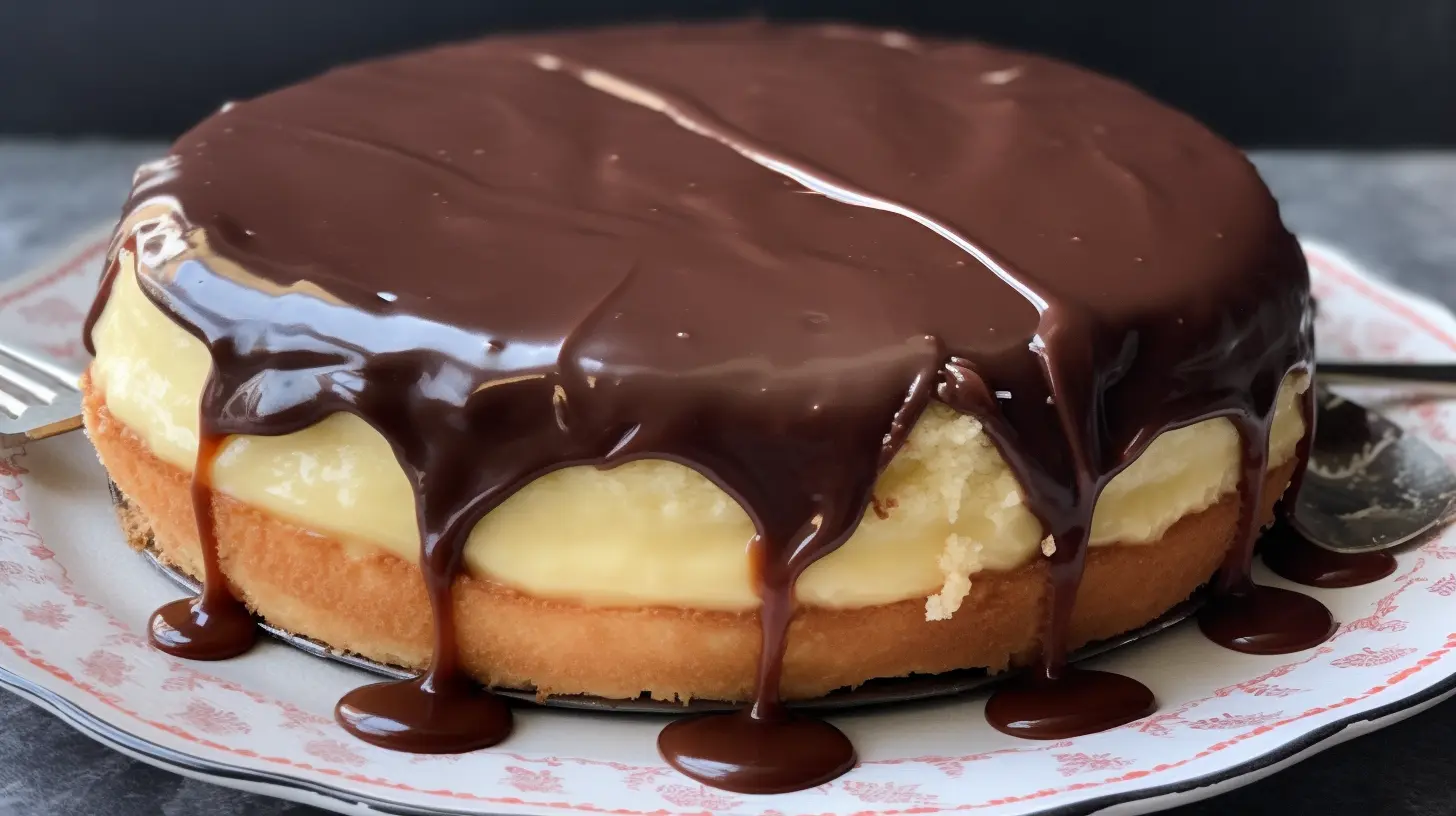 Boston Cream Pie topped with chocolate ganache