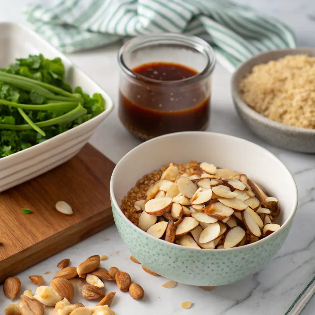 Chopped almonds and Asian sauce in a bowl next to a stir-fry dish.