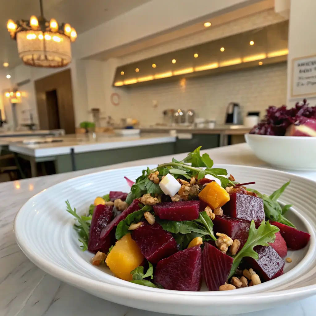 Balthazar Beet Salad with roasted beets, goat cheese, and walnuts in a bowl.