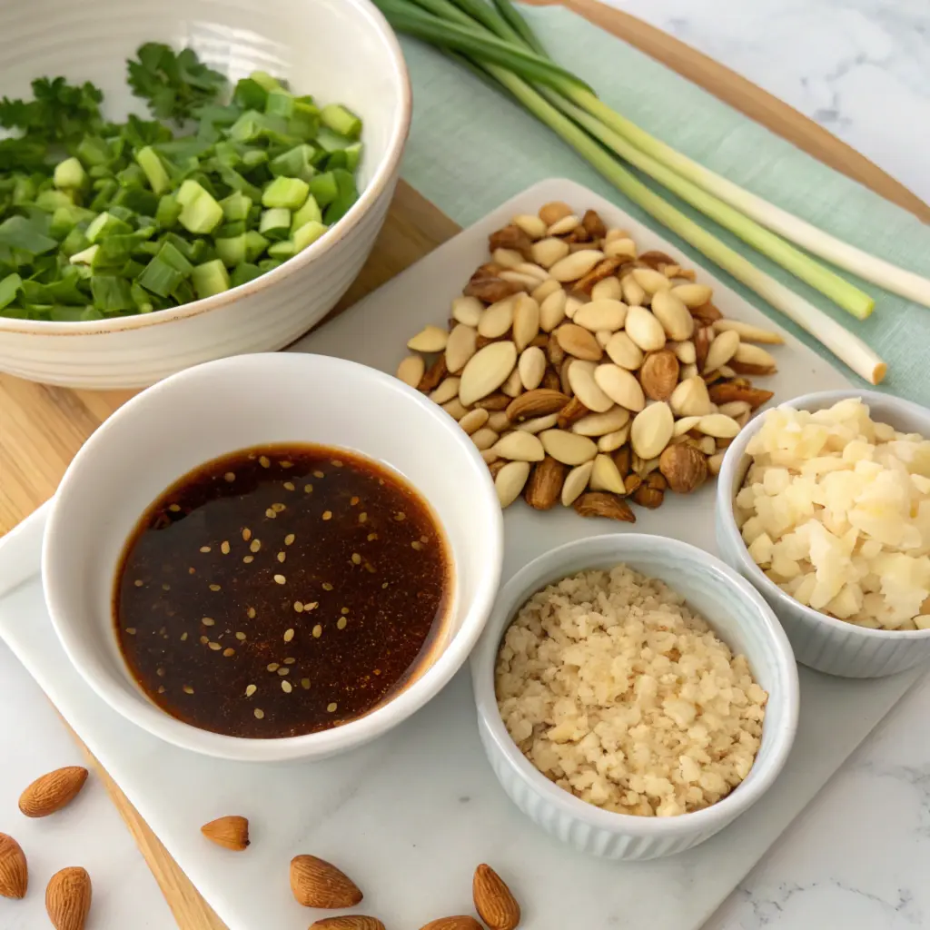 Chopped almonds and Asian sauce in a bowl next to a stir-fry dish.