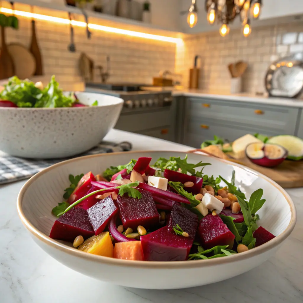 Balthazar Beet Salad with roasted beets, goat cheese, and walnuts in a bowl.