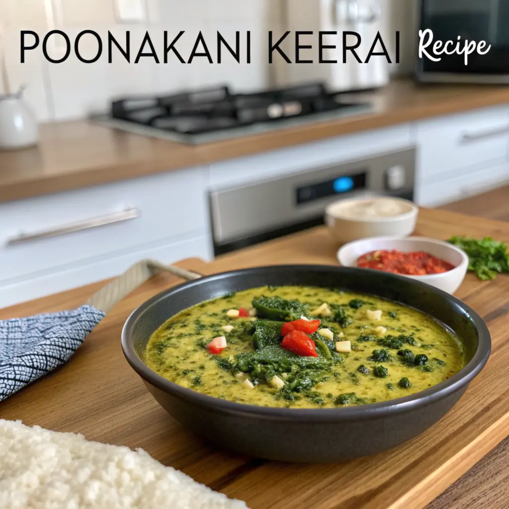 Poonakani Keerai dish garnished with coconut and spices