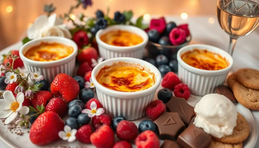 A rich crème brûlée in a ramekin with a golden caramelized sugar crust, garnished with fresh raspberries and mint leaves