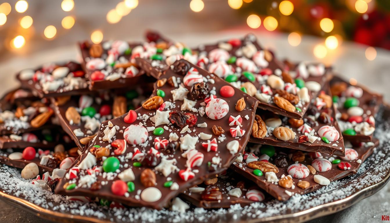 Close-up of colorful Christmas bark with festive toppings like candy canes and sprinkles