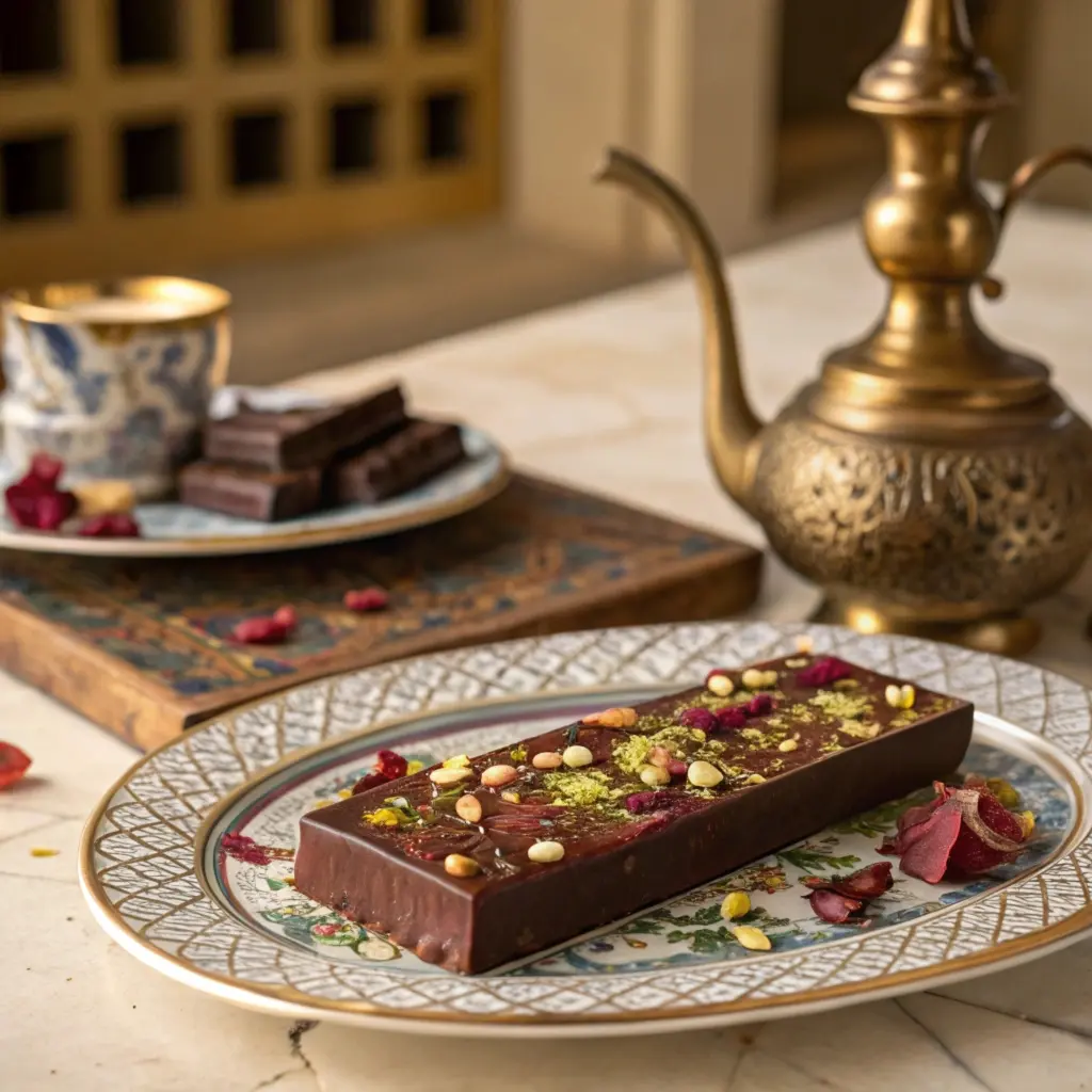 Dubai Chocolate Bar with saffron and rose petals