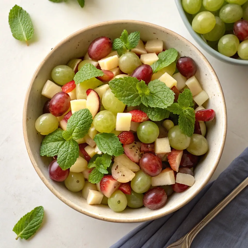 Grape salad in a clear bowl topped with nuts and brown sugar