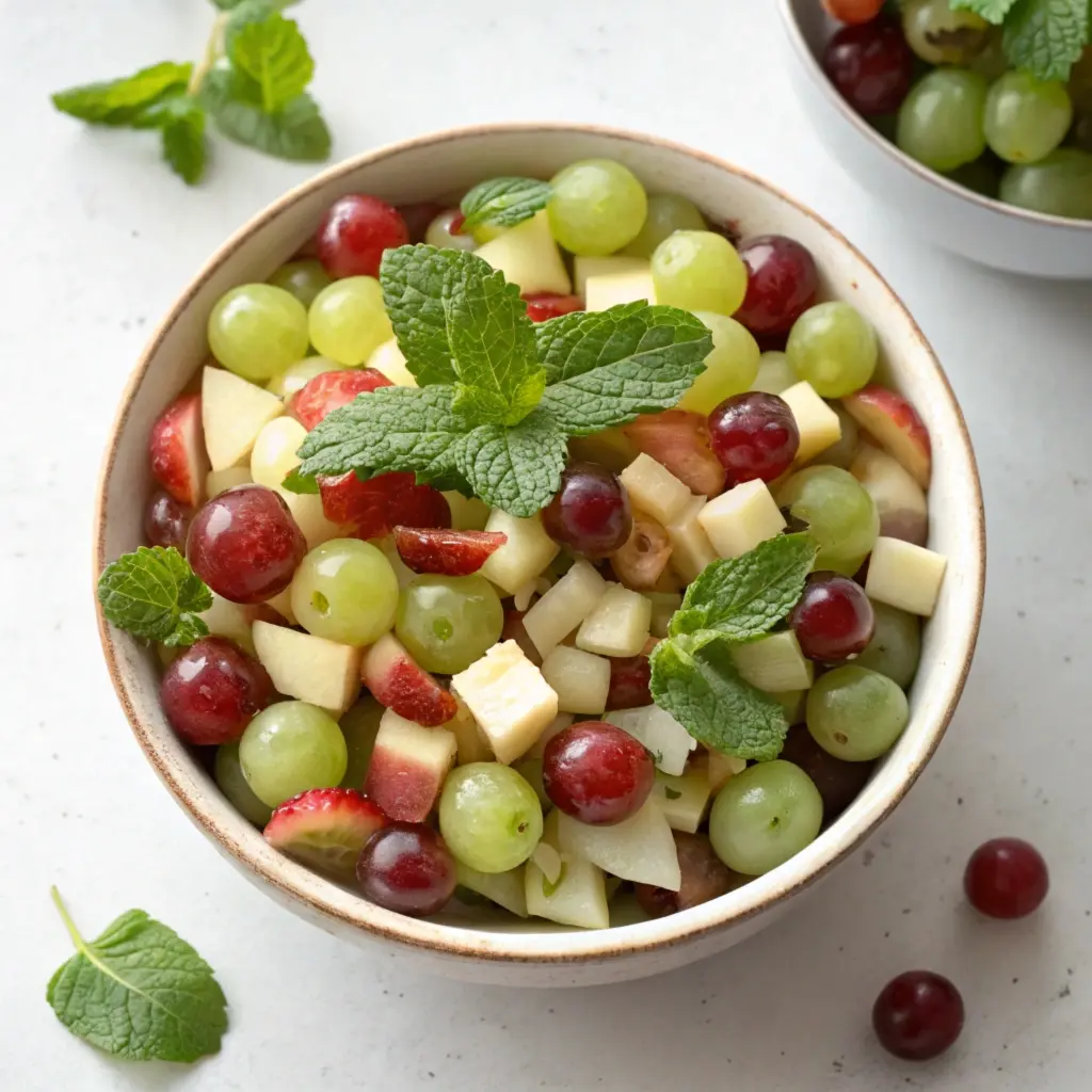 Grape salad in a clear bowl topped with nuts and brown sugar