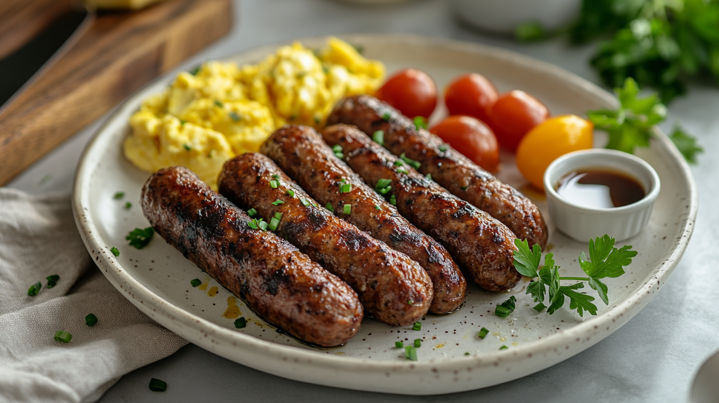 A plate of air-fried breakfast sausages with scrambled eggs, cherry tomatoes, and a small bowl of maple syrup on a table