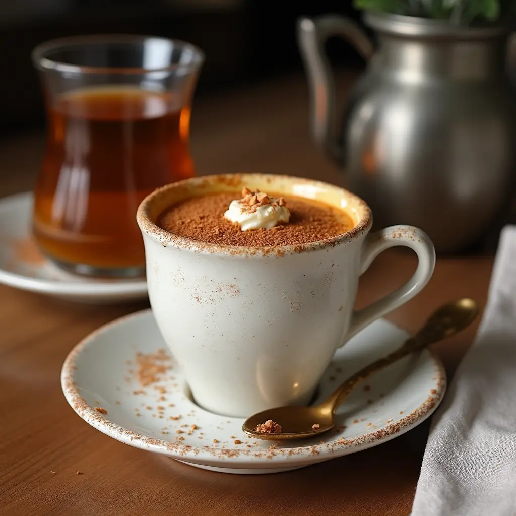 A warm, freshly microwaved pumpkin mug cake without eggs and butter